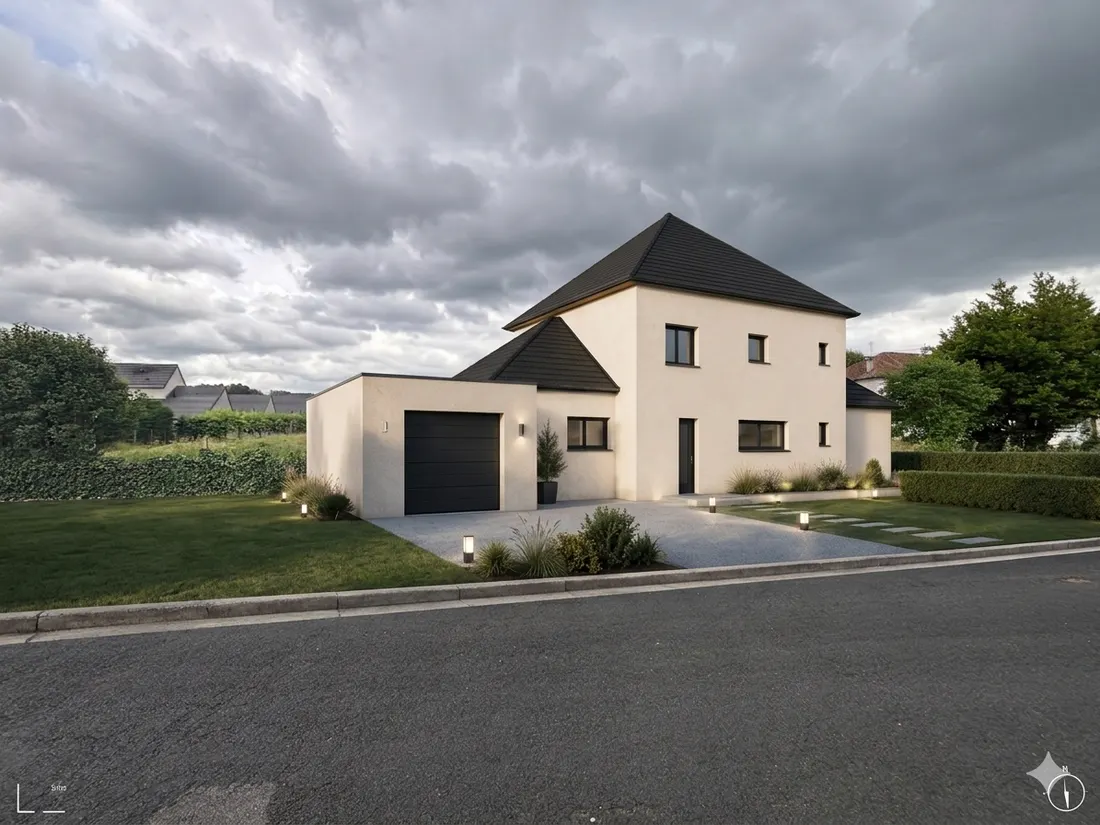 Visuel 3D d’une maison individuelle à étage avec garage